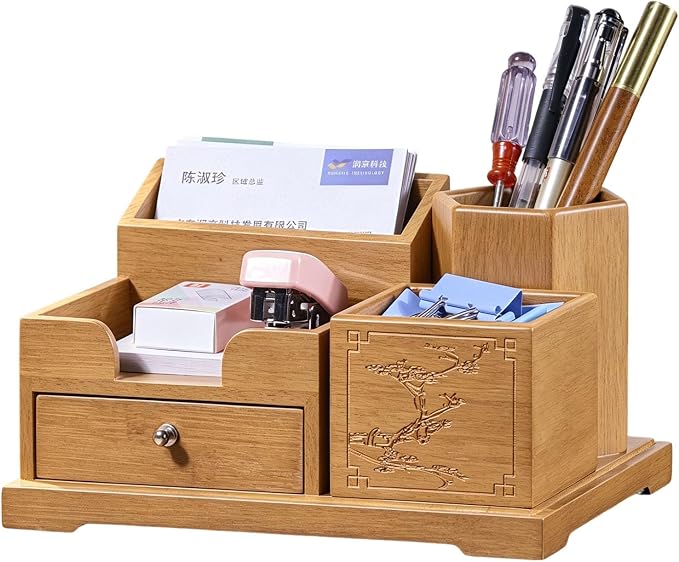 Bamboo Desk Organizer with Drawer & Pen Holder, Office Desk Caddy Storage | Natural Bamboo Wooden Desk Organizers and Accessories with Drawers Multi-Compartment Desktop Storage for Office Home Supplies by GroveMindooOfficeStorage