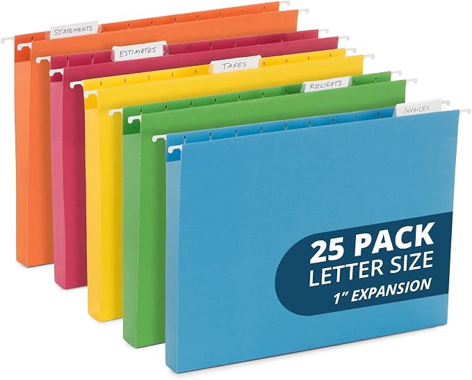Blue Summit Supplies 25 Expandable Hanging File Folders, 1", Assorted | Letter size, 11pt, 1 in expansion, reinforced, tabs included, for bulky files, charts, and manuals by BlueSummitSupplies