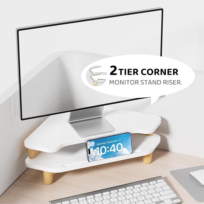 AFOOYO Monitor Stand Riser,2 Tier Corner Wood Sturdy 16.5In Computer Stand, Multi-Purpose Desktop Storage Stand for Laptop,PC,iMac,Printer,Computer,White - Image 2