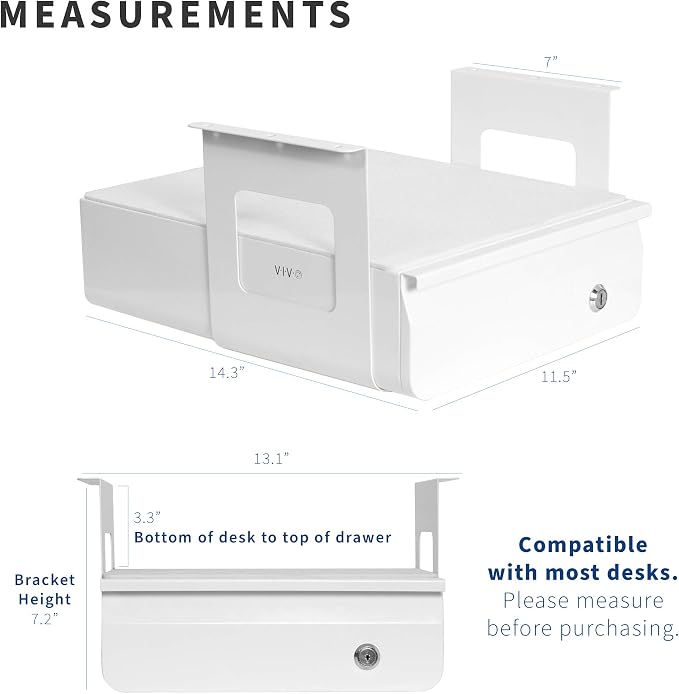 VIVO White 12 x 14 inch Under Desk Drawer, DESK-AC03L-W | Sturdy Steel Design, Secure Locking Drawer, Home Office Storage Organizer, Holds 11 lbs - Image 3