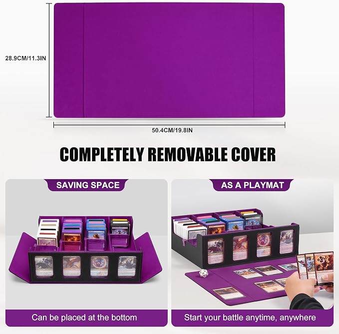 Trading Card Storage Box with Commander Display , 4-Row Deck Case with Removable Lid; 2400+ Card Deck Box for MTG TCG Sports Card, 4 Top Loaders, 4 Stoppers, 24 Dividers,1 Dice Bag (Black Purple) - Image 5