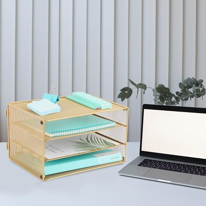 Paper Organizer Tray, 3 Tier Mesh Desk File Organizer Letter Sorter Holder for Home Office, Gold - Image 4