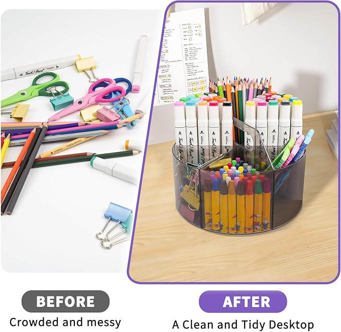 Mefirt Acrylic Pen Organizer, 360 Degree Rotating Desk Organizer with 6 Compartments Crayon Holder for Office, School, Home, Art Supply, Grey - Image 7
