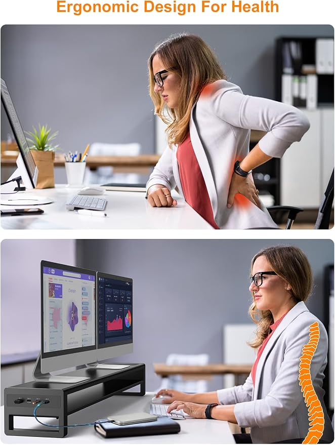 2 Tiers Dual Monitor Stand with Auto Charging Pad, 4 USB 3.0 Hub Ports, Double Monitor Riser, Metal Desk Stand with Storage, Long Screen Raiser for 2 Monitors/PC/Laptop/Computer Space Saver Organizer - Image 5