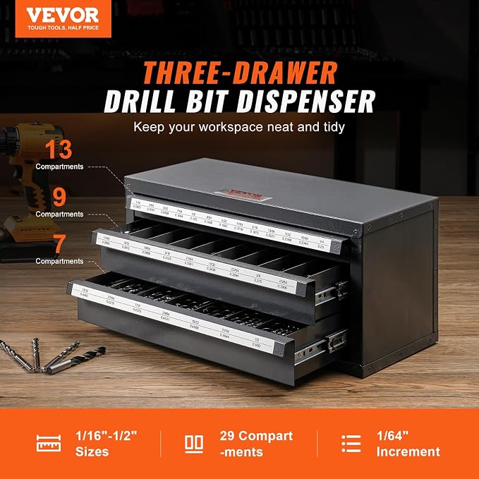VEVOR Drill Bit Dispenser Cabinet, Three-Drawer Drill Bit Dispenser, Drill Bit Organizer Cabinet, Drill Dispenser Organizer Cabinet for Jobber Length Fractional Size 1/16" to 1/2" in 1/64" Increments - Image 4
