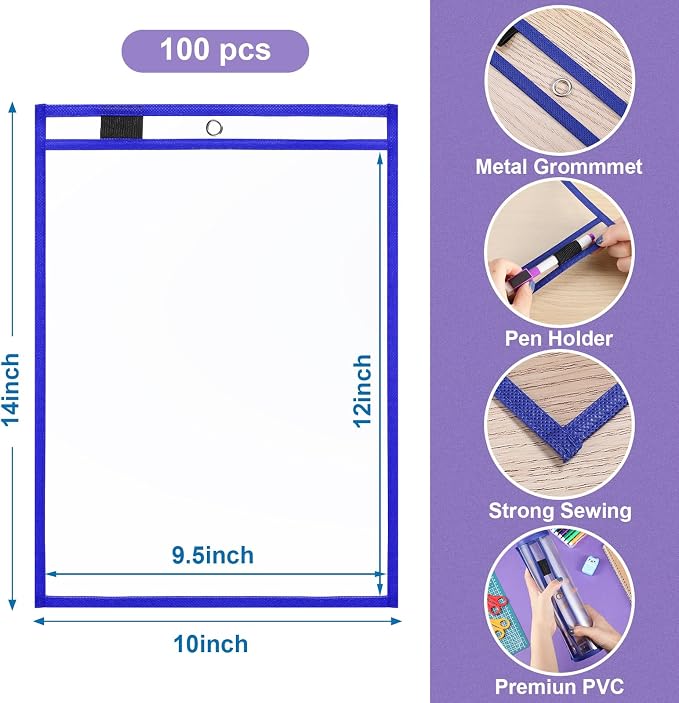 Nezyo Dry Erase Pockets Plastic Job Ticket Holders Shop Holder Order Pockets Clear Sleeves Tickets Folders Plastic Sleeves Paper Teacher Supplies for Classroom(10 x 14 in,Blue,100 Pcs) - Image 2