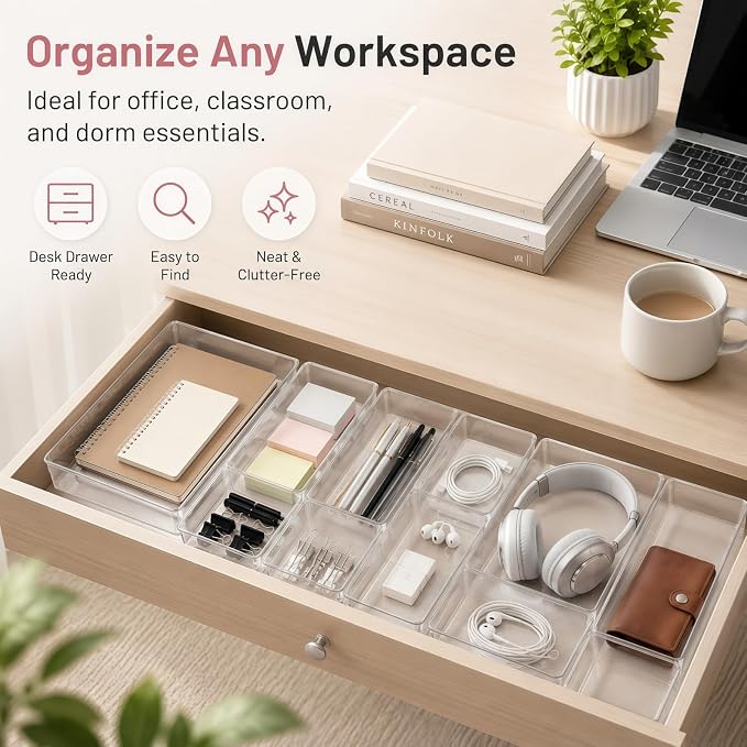 10 Pack Large Drawer Organizer Bins - Clear Plastic Bathroom Drawer Organizer Trays - Heavy Duty Kitchen Drawer Dividers for Utensils - Non-Slip Storage Bins for Makeup, Bedroom, Office Desk - Image 7