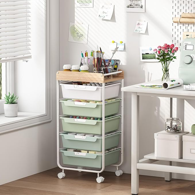 Utility Cart with 5 Drawers, Art Cart for Teacher Kid, Green | Rolling Storage Cart for Crafters Artists Student Storage Arts Crafts & Study Supplies in Craft Room Dorm Classroom Kids Room - Image 8