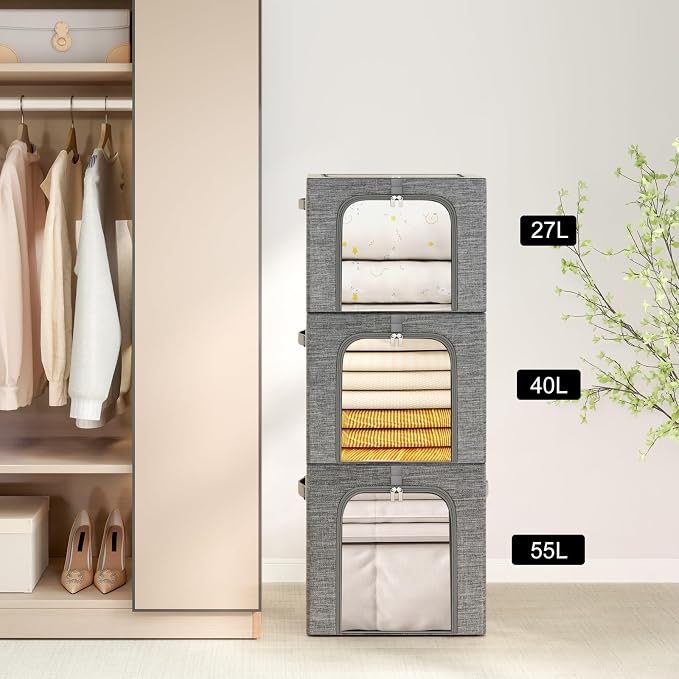 GoMaihe Baby Clothes Storage Bins with Metal Frame 27L 3-Pack Grey | Kids Toddler Child Clothing & Towels Small Items, Closet Top Shelf Boxes, Collapse-Proof Stackable, Clear Window Dual Access - Image 8