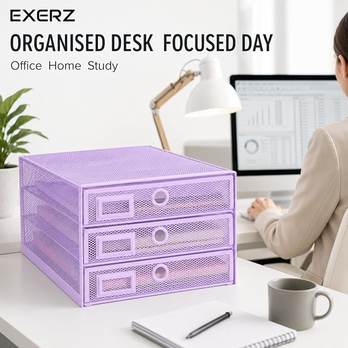 EXERZ Paper Sorter 3 Tier Drawers A4 / Multifunctional Desk Organiser/Letter Tray - Documents, Magazines, Notebooks and Letters - Light Purple | Desk Organiser Pull Out Trays Keep Files Letters Magazines Folders Notebooks Neatly Separated Easy To Reach - Image 8