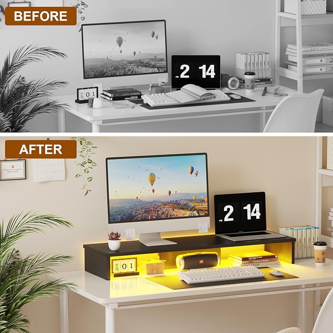Qupui Dual Monitor Stand Riser for Desk with LED Lights, Large Computer Monitor Stand for 2 Monitors, Desk Shelf for Top of Desk, Desktop Organizer for Computer, Laptop, Printer, TV - Image 3