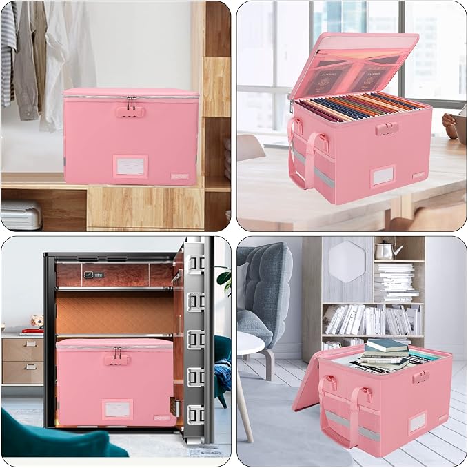 ENGPOW File Box with Lock, Fireproof Document Box with Pockets, Collapsible File Organizer Filing Storage Cabinet with Handle, Portable Home Office Safe for Hanging Letter/Legal Folders, Pink, 2 Pack - Image 2