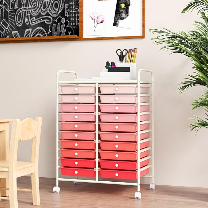 GOFLAME 20-Drawer Rolling Storage Cart, Multifunctional Art Craft Organizer, Mobile Utility Storage with Removable Drawers & Lockable Wheels, Craft Cart for Home Office School, Pink Gradient - Image 7