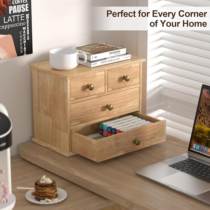 Oak Desk Organizer with Drawers, Durable Wooden Desktop Storage Box | 4 Drawer Tabletop Organizer with Metal Handle & Non-Slip Pad for Office, Bedroom, Bathroom, Vanity, Makeup, Light Burnt Brown - Image 4