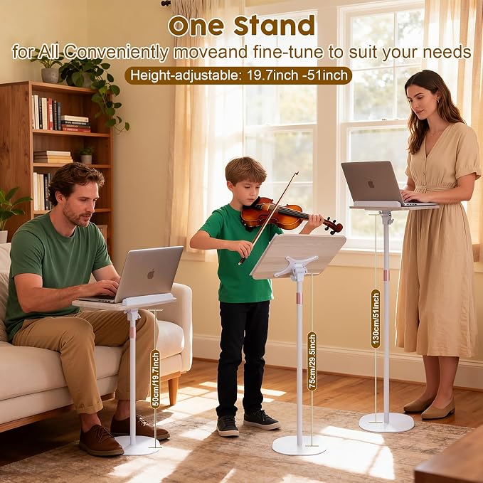 2 in 1 Dual-use Music Stand & Desktop Book Stand, Adjustable Height 16.5"-51", 100% Solid Wood Laptop Floor Stand Book Holder with Elastic Page Clips for Cookbooks (White) - Image 5