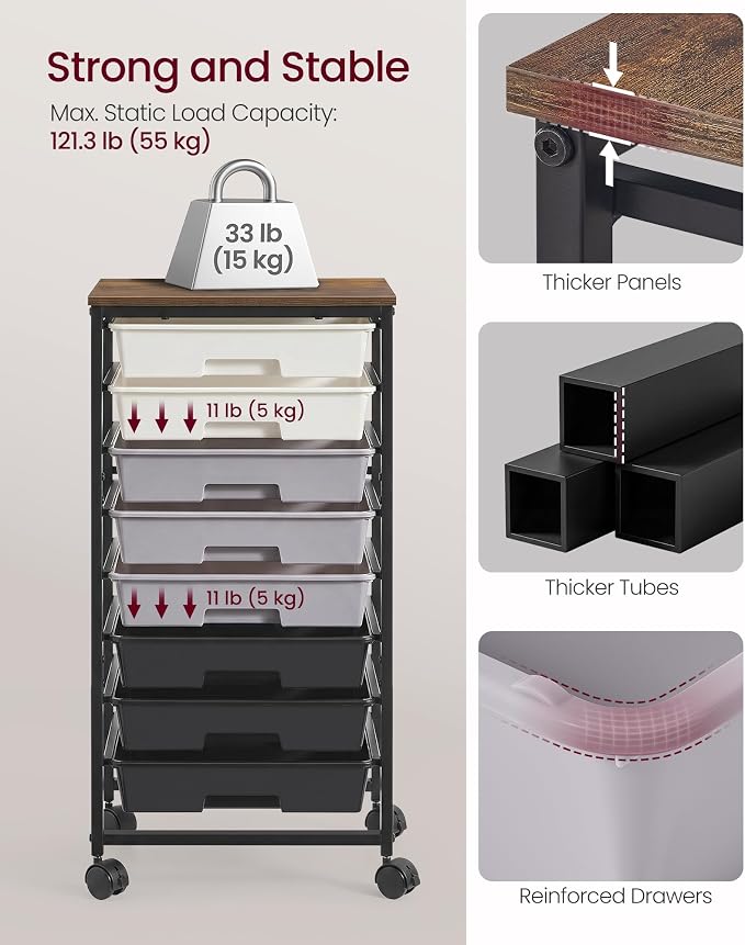 VASAGLE 8-Drawer Rolling Storage Cart, Utility Cart with Wheels and Wood Top, Craft Organizer for Office and Home, 15.6 x 11.2 x 30.1 inch, Black, BENCO Collection ULRC006B101 - Image 7