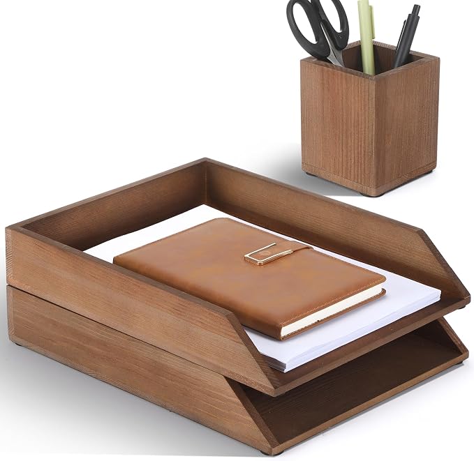 Nuanchu 2 Pcs Wooden Letter Trays with Pen Holder Wood Desk Organizer Set Heavy Duty 2 Tier Brown Stackable Supports Letter-Size Paper Tray Desktop Drawer Pen Magazine File Folder Office Accessories by Nuanchu
