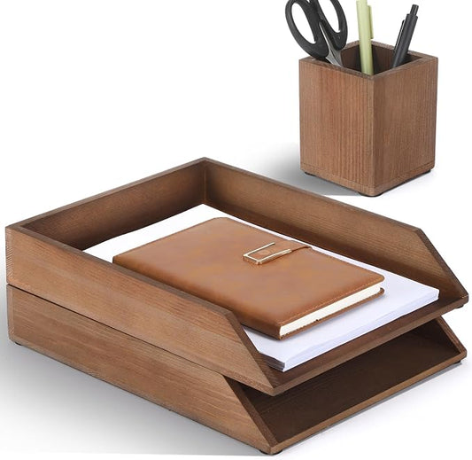 Nuanchu 2 Pcs Wooden Letter Trays with Pen Holder Wood Desk Organizer Set Heavy Duty 2 Tier Brown Stackable Supports Letter-Size Paper Tray Desktop Drawer Pen Magazine File Folder Office Accessories by Nuanchu
