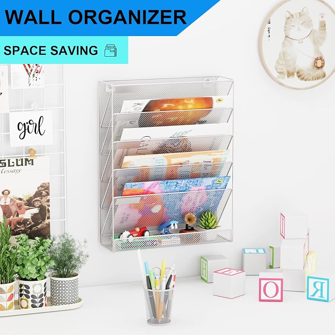 Wall File Organizer Holder Mesh Hanging Paper Document Holder, Vertical 6 Pocket Tier for Office Home, Silver - Image 2