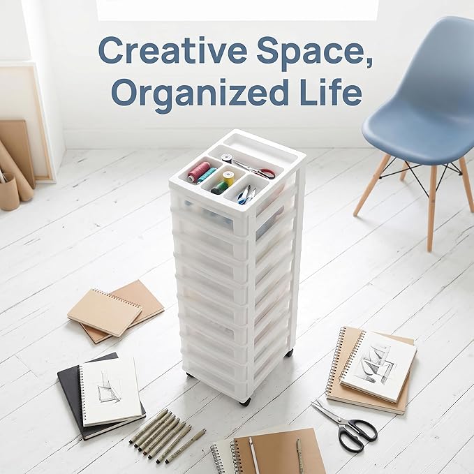 9-Drawer Slim Plastic Storage Cart with Divided Organizer Top, Mobile Rolling Storage Unit on Casters for Office, Bedroom, Craft Room, White (14.4”L x 12.2”W x 37.9”H) - Image 5