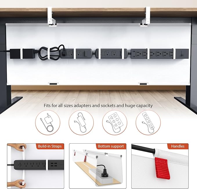 Univivi No Drill Under Desk Cable Management Tray, 48 inch Cable Management | Clamp/Screw Mount Desk Cable Organizer, Premium Fabric Cable Management Tray, Large Capacity Cord Management for Office, Home - Image 2