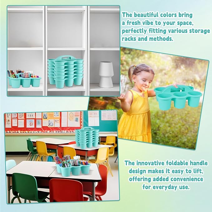 6 Pack Classroom Caddy with Handle Plastic Storage Caddy Organizer with 6 Compartments Drink Cup Caddies Holder Portable Storage Bin for Pencil, Crayon, Marker, Home, Office, School Supplies(Blue) - Image 6