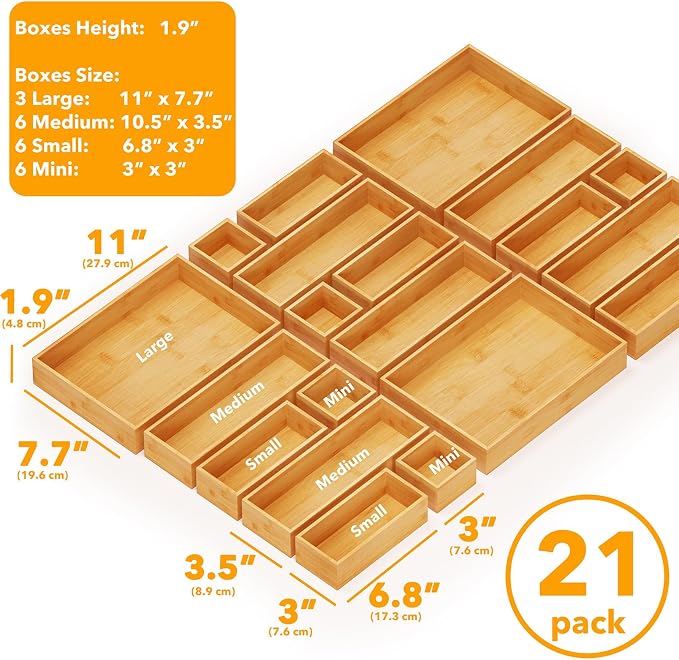 SpaceAid 21-Piece Bamboo Drawer Organizer Storage Boxes Set, Wood Tray Junk Drawer Organizers Multi-Use Divider Bins for Kitchen, Bathroom, Office Desk and Makeup Organization (21 Pack, Natural) - Image 3