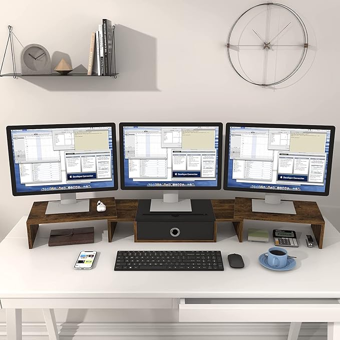 WESTREE Triple Dual Monitor Stand Riser with Drawer,Extra Large Adjustable for 2~3 Monitors,Solt for Phone & Tablet, Desktop Organizer Stand for Computer,Laptop,Printer,TV - Image 5
