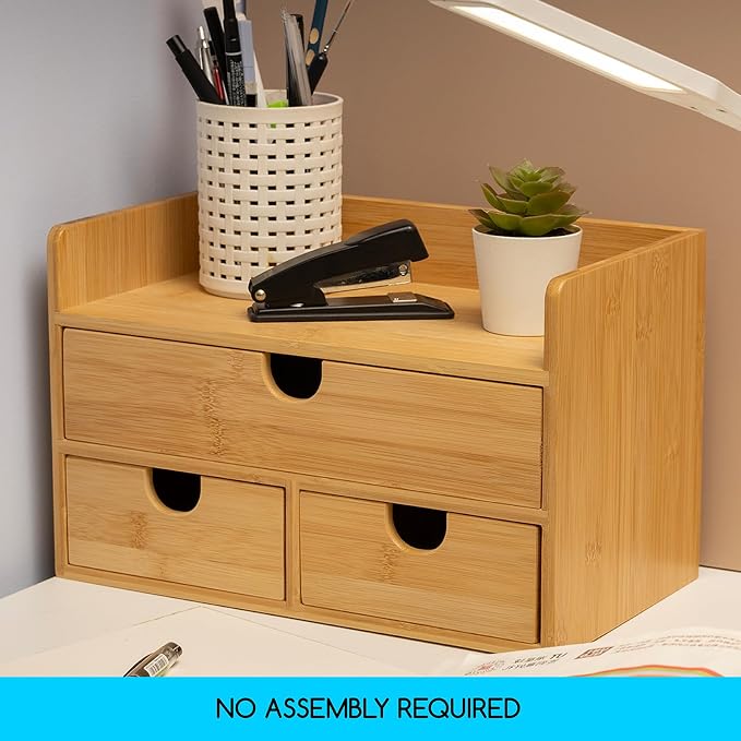 MEEDEN Bamboo Desk Organizer with Drawers: Desktop Storage Container with Shelf - Tabletop Storage Organization Box for Office Home Toiletries Supplies - Image 7