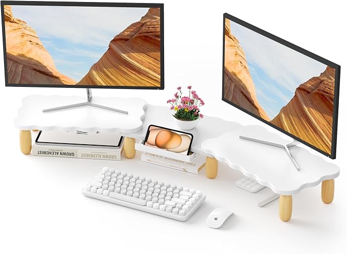 AFOOYO Dual Monitor Riser, Cookie-Shaped Adjustable Length & Swivel Angle, Wooden Desktop Organizer for 2 Monitors,Monitor Stand with Drawer for Laptop, PC, Computer, Printer,White by AFOOYO