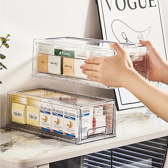 Pull Out Drawer Medicine Box for Safe Medication Storage, Large Refrigerator Storage Bin for Kitchen Food Safe, Tablet Box for Kids Home/Office Organize Ointments,2 Pack - Clear（ Medium） by sgoostood