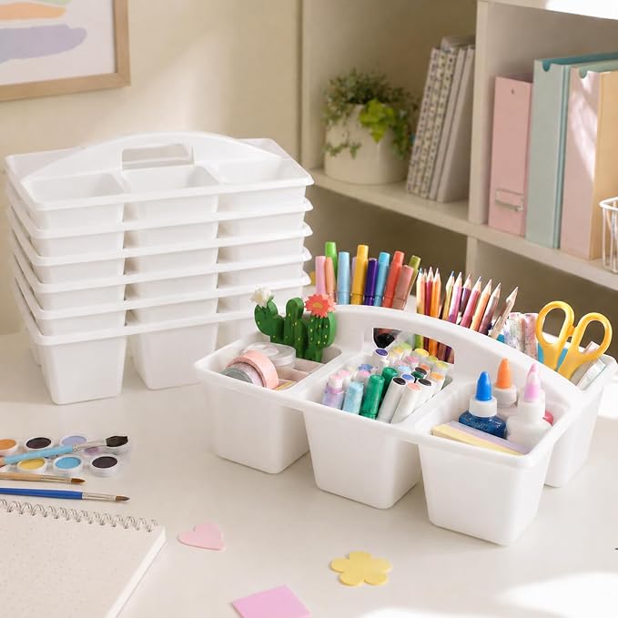 gisgfim 6 Pack Plastic Classroom Caddy with 6-Compartments Plastic Storage Caddies with Handle 6 Compartments Table Caddy Organizer Versatile Table Caddies for Classroom Office Storage, White - Image 4