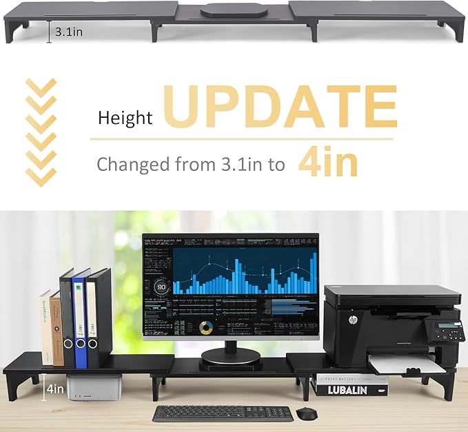 Nnewvante Bamboo Monitor Stand Riser, 60 inch Upgrade Height Large TV Riser | Black, Adjustable Length Angle, Dual Monitor Stand for Desk, 3 Shelves Desktop Screen Riser, For Computer Laptop - Image 2