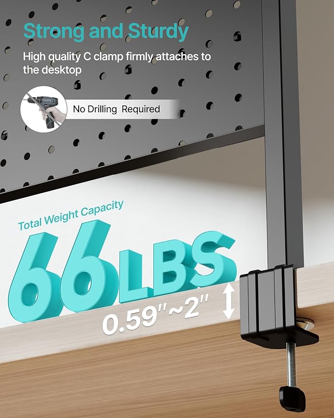 Clamp on Desk Shelf, 44" Desktop Shelving System, Black | with Pegboard and Accessories, Desktop Organizer with 2-Tier Shelf, Desk Pegboard for Office Home Gaming - Image 5
