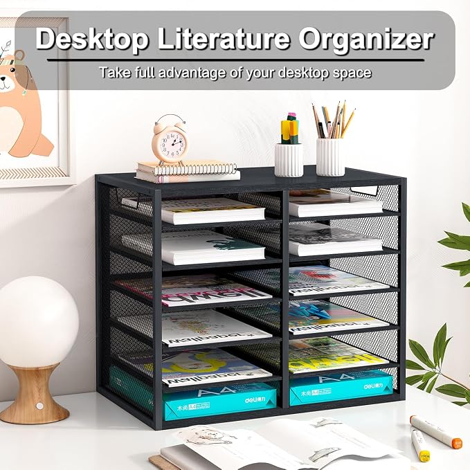PAG Mass Mail Holder, Adjustable Countertop Literature Organizer, Student Mailbox, Desktop Bill Paper Organizer, 12 Compartments, Black - Image 3
