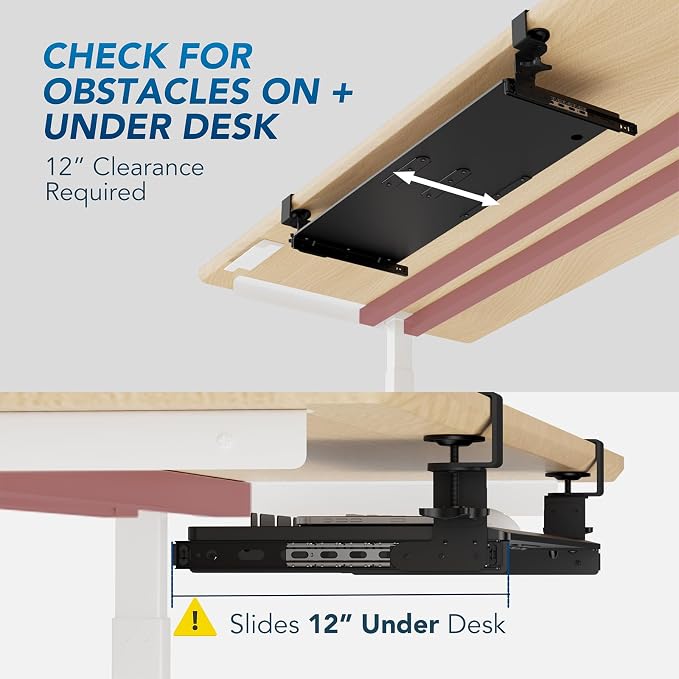 Keyboard Tray Under Desk Pull Out with 3 Height Adjustable Extra Sturdy C Clamp Mount System, 32.8 (38 inch Including Clamps) x 12 Inch Slide-Out Platform Computer Drawer for Typing - Image 6
