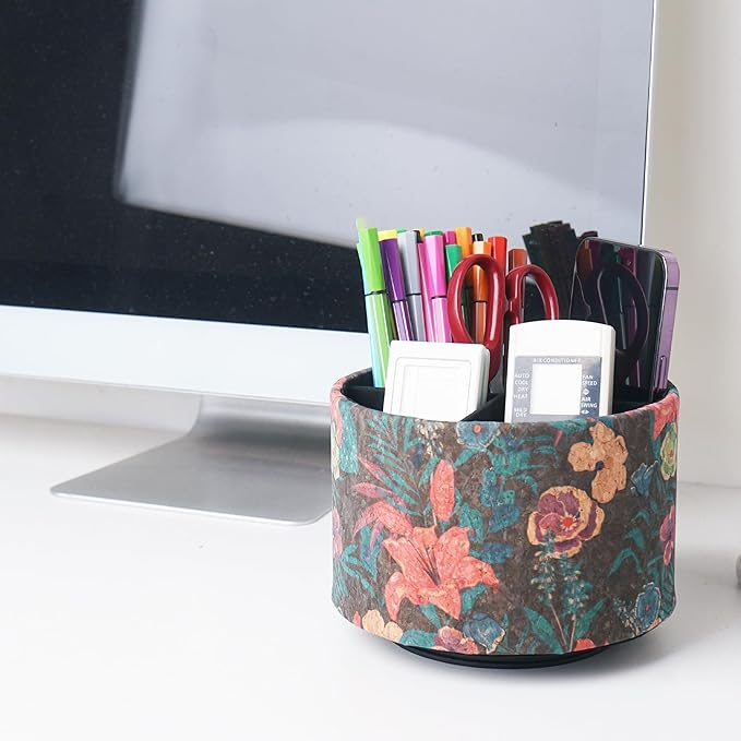 Round Leather Art Supply Organizer,Remote Control Holder,360 Degree Spinning,Multi-Functional Pencil Holder,4 Compartments Desktop Stationary Organizer(1-Wood Leather Red)