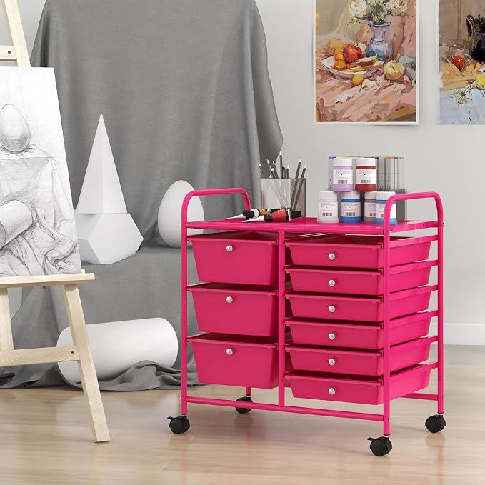 Giantex 9 Drawers Rolling Cart, Classroom Organizers, Storage Cart with Wheels, for Teacher Office Home School Supplies Tool Craft Art Paper, Hot Pink - Image 4