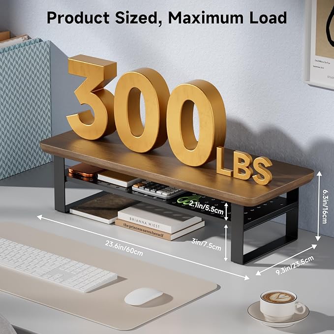 Monitor Stand Riser, 24 Inch Computer Monitor Stand for Desk, 2-Tier Wood Desk Shelf Organizer with Storage, Desktop Stand for Laptop/Screen/PC/Printer, Ergonomic Home Office Monitor Stand - Image 2