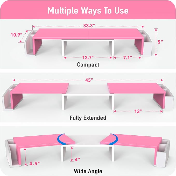 Simple Houseware Desk Dual Monitor Stand Riser with Drawer, Pink | Customizable Organizer Tray, Built-In Phone & Tablet Slot and Side Storage - Image 3