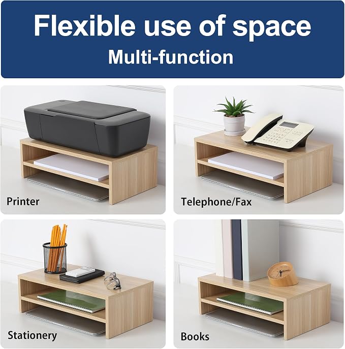FITUEYES Wooden Monitor Stand Riser, 2-Tier Desk Storage Shelf, Oak | 16.7-Inch Desktop Organizer Fits Laptop, Computer Screen and Office Supplies - Image 3