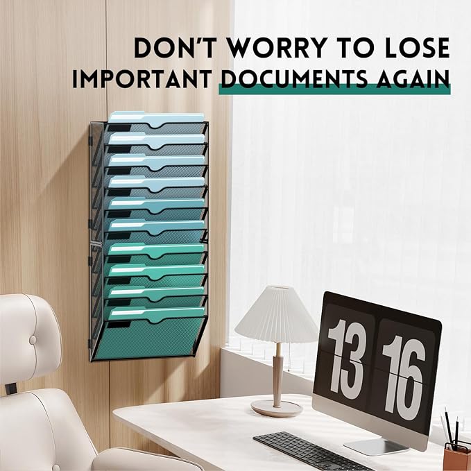 10-Tier Wall File Organizer, Hanging Wall Files for Papers, Folders, Magazines, Wall Organizer for Clipboard, Assembly Needed, Black, 2 Pack | Metal Mesh Hanging File Organizer with Open Compartments and Label Panels for Papers and Folders at Home, Off... - Image 4