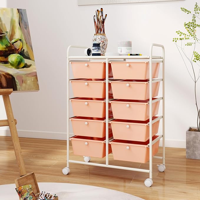 COSTWAY 10 Drawer Rolling Storage Cart, Utility Cart with Lockable Wheels | Mobile Art Supply Craft Organizer with Metal Frame, Multipurpose Drawer Cart for Paper for Office, School, Peach - Image 9