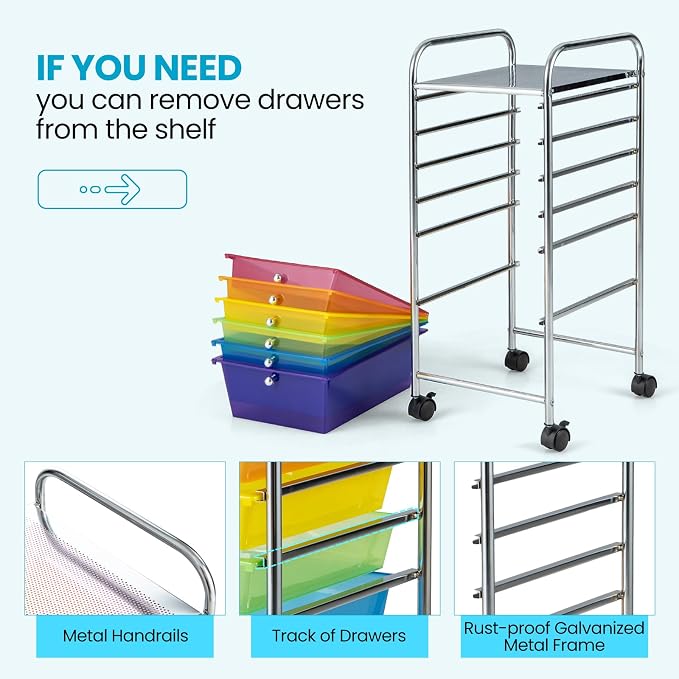 COSTWAY 6-Drawer Rolling Storage Cart, Art Craft Tools Organizer on Wheels | Multifunctional Heavy Duty Utility Mobile Storage Trolley w/ 2 Lockable Wheels for Home Office School (Rainbow) - Image 6