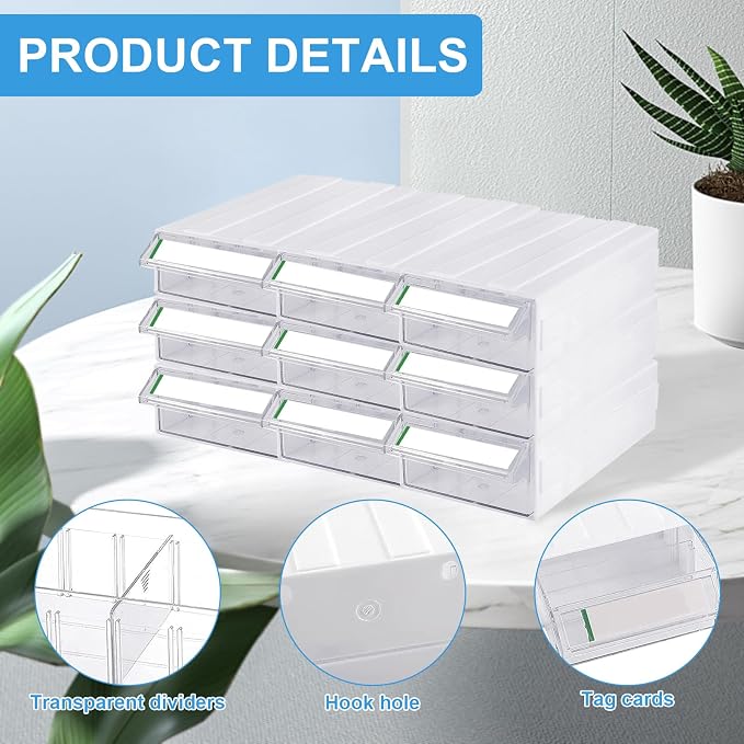 9 Pcs Drawer Stacking Storage Cabinet with 18 Pcs Clear Dividers Organizer Rack & 9 Pcs Tag Card, Plastic Stacking Storage-in-Drawer Cabinet for Home Office Small Items - Image 4