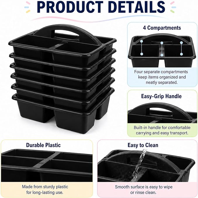 gisgfim 6 Pack Plastic Classroom Caddy with 4-Compartments Plastic Storage Caddies with Handle 4 Compartments Table Caddy Organizer Versatile Table Caddies for Classroom Office, Black - Image 3