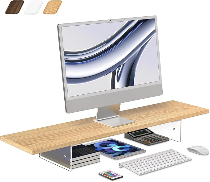 Monitor Stand Riser,Wood & Acrylic Computer Monitor Stand with LED Light,Desk Accessories Desktop Organizer Stand for Computer,Laptop,Printer,PC & TV Screen Riser by LAQUEENIE