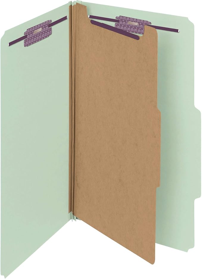 Smead Pressboard Classification File Folder with SafeSHIELD Fasteners, 1 Divider, 2" Expansion, Legal Size, Gray/Green, 10 per Box (18776) by SMEAD