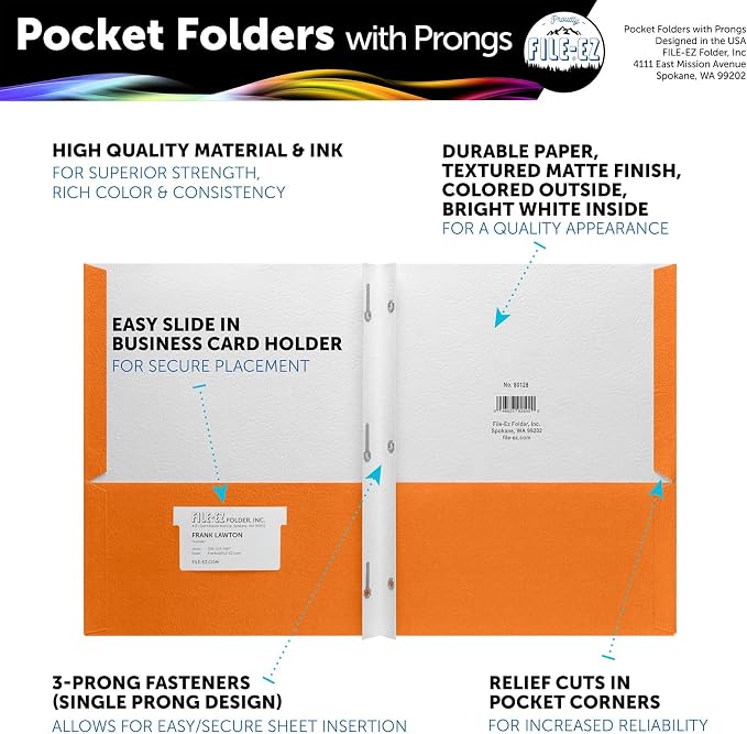 FILE-EZ Two-Pocket Folders with 3-Prong Fasteners, Orange Color, 25-Pack, Durable Textured Paper, Matte Finish, Letter Sheet Size (EZ-92565) - Image 2