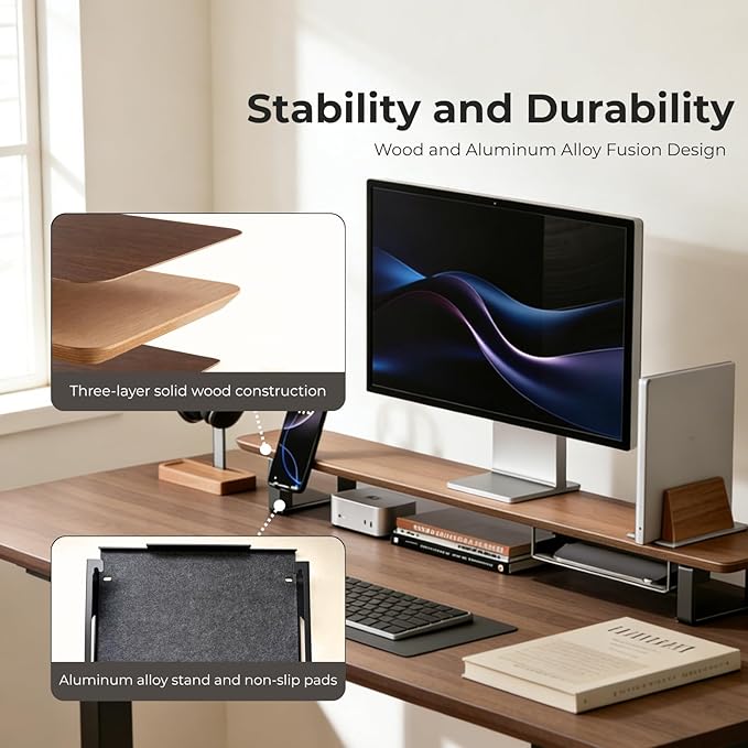 muso wood Dual Monitor Stand with Storage Shelf, 45 Inch Wooden Monitor Riser for 2 Monitors, Walnut Desk Shelf for Computer, Laptop, Screen, TV, Printer - Image 3